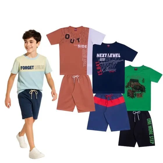Kit Sortido 6 Peças Conjuntos 3 Camisetas Manga Curta + 3 Bermudas Menino Infantil