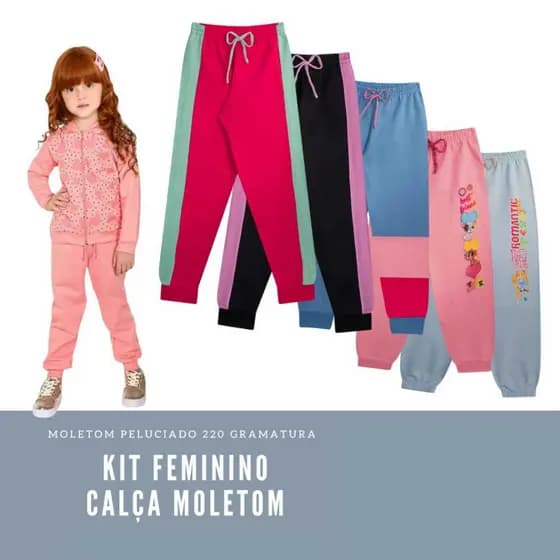 Kit 5 Calças Moletom Meia Estação Outono Inverno Infantil Feminina Estilosa Premium