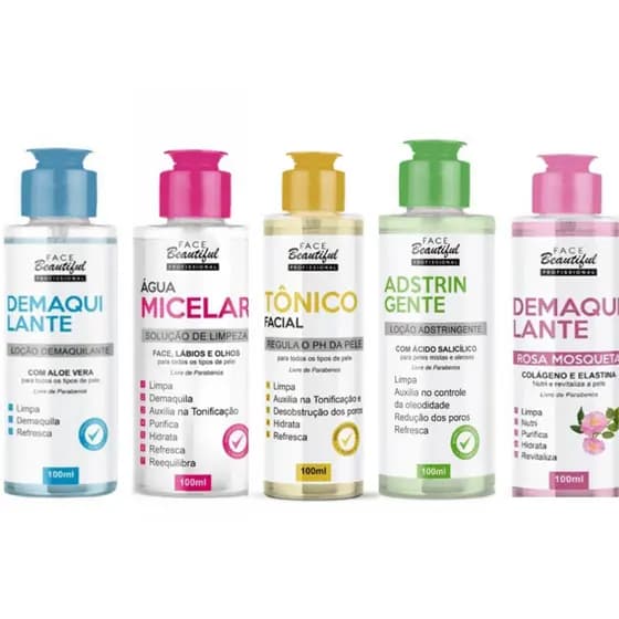 Kit C/5 Liquidos Facial 100ml Face Beautiful Limpa E Nutri