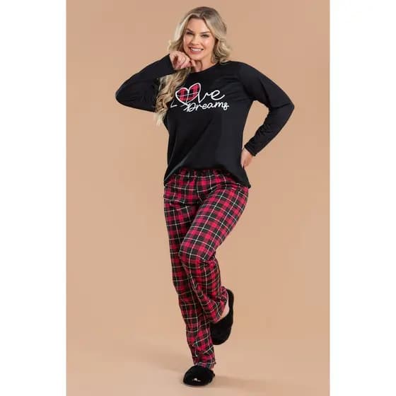 Pijama Longo Feminino Inverno Adulto Calça - Love Xadrez Vermelho