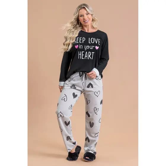 Pijama Longo Feminino Inverno Adulto Calça - Keep Love In Your Heart