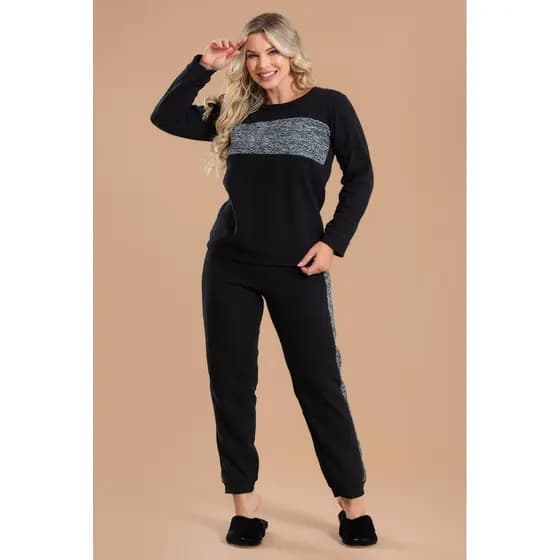 Pijama Longo Feminino Inverno Adulto Calça Soft Peluciado - Preto Com Mescla