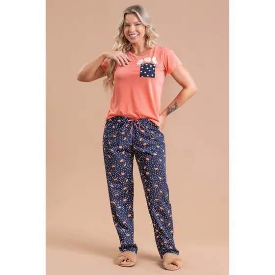 Pijama Manga Curta Feminino Inverno Adulto Calça - Margarida No Bolso