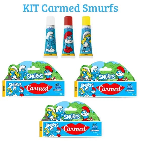 Kit 3 ou 5 Carmed Smurfs Blueberry Incolor 10g – Lip Balm Hidratante Surpresa | Envio Imediato