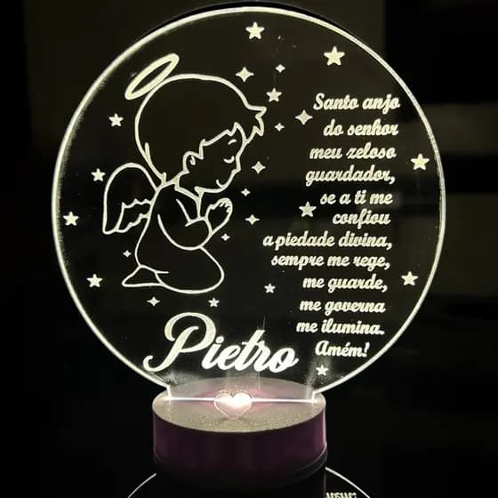 Luminária Personalizada 3D Abajur a Bateria ou USB Oração Santo Anjo Menino