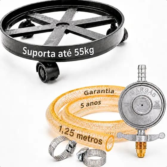 Kit Registro Regulador De Gás De Cozinha Para Botijão Bujão Butijão P13 + Suporte Para Botijão Com Rodinha Resistente