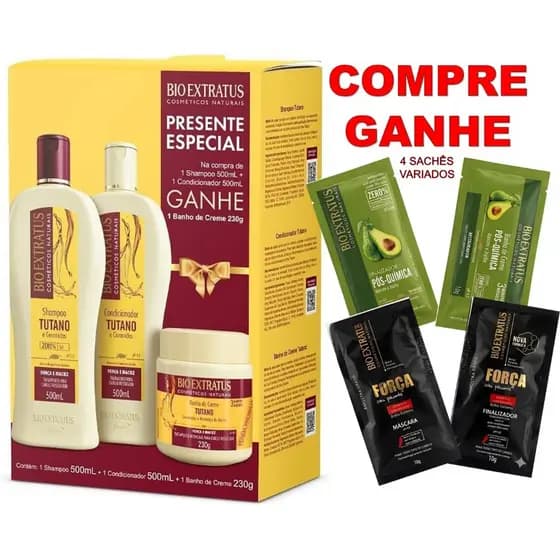 KIT TUTANO BIO EXTRATUS: SH 500ml+CONDIC 500ml+ 🎁BRINDE BANHO CREME 230g + 🎁BRINDE 4 SACHÊS VARIADOS🎁