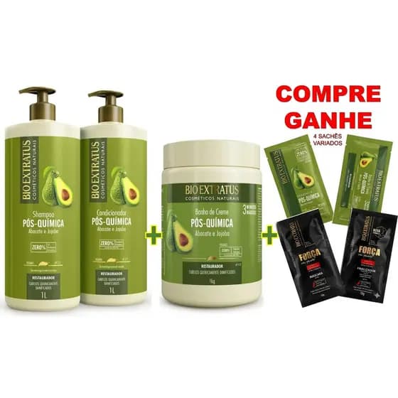 KIT PÓS QUÍMICA BIO EXTRATUS: 1 SH 1L + 1 COND 1L + 1 BANHO 1KG + 🎁BRINDE 4 SACHÊS VARIADOS🎁
