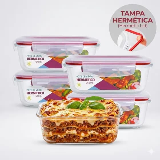 Kit 5/10 Potes de Vidro 640ml Hermético Marmita Forno Fit Retangular Com Tampa 4 Travas