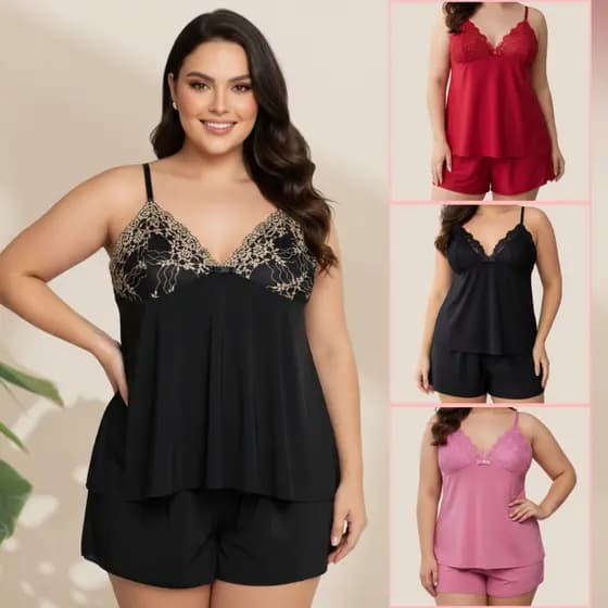 Baby Doll Plus Size Short Delicada Alcinha Regulável Detalhes em Renda Pijama de Dormir 50 a 54