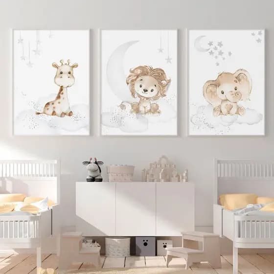quadro decorativo infantil safari lua estrela leão girafa elefante fofo 3 peças
