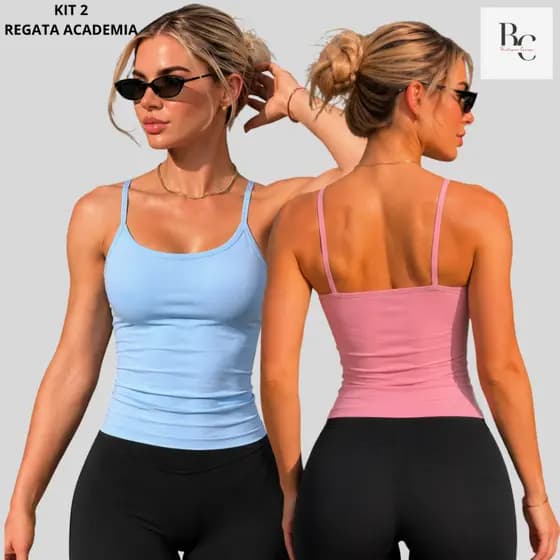 Kit 2 Regata Alça Fina Academia Blusa Feminino Fitness Poliamida Slim Fit Liso Costas Nuas Verão