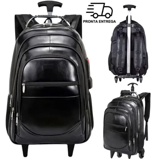 Mochila de Rodinha Carrinho Couro Reforçada Executiva Notebook Escolar Feminina Masculina