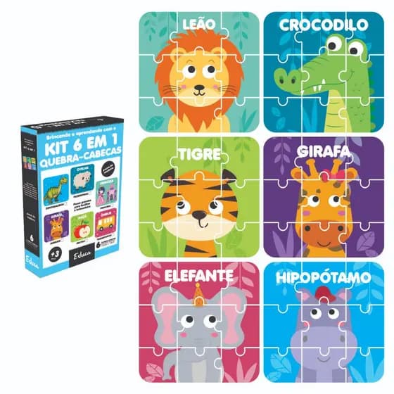 Kit 6 Jogos Quebra Cabeça Animais Infantil em madeira Mdf 9 peças cada (6 unidades) 1 ano
