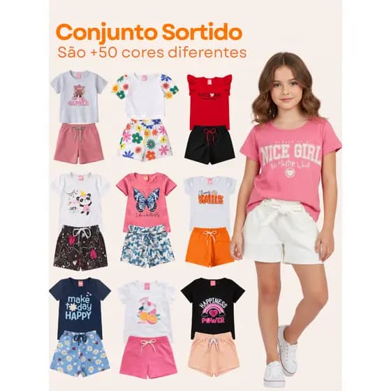 Kit 2 ou 6 Peças Conjunto Infantil Menina Verão Roupa Menina 3 Camisetas + 3 Shorts Sortido
