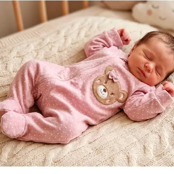 Roupa Bebê Menina Macacão Longo Ziper Malha Kids Ursinha Poá Rosê/Bege/Listrada
