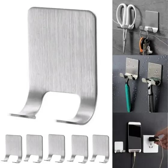 KIT 5 Suporte GANCHO TODO EM INOX ADESIVO PAREDE ALTA ADERÊNCIA SUPORTA ATÉ 4KG PRATEADO SEM FUROS