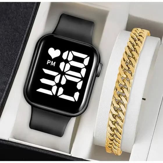 Relógio digital a prova d'água preto + pulseira banhada a ouro prata luxo original