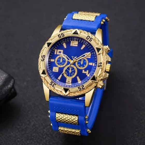 Relógio Masculino Esportivo Pulseira Silicone Azul e Dourado Cronógrafo Estilo Luxo Analógico Grande