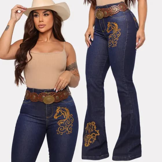 Calça Jeans Flare Feminina Bordada Country Muladeira Cos Alto Com Elastano Lycra