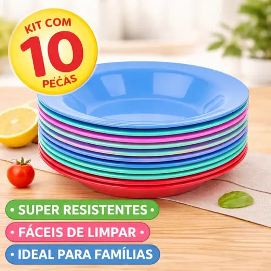 Kit 10 Pratos Plásticos Resistentes Coloridos Refeição Churrasco Camping Cozinha BPA Free