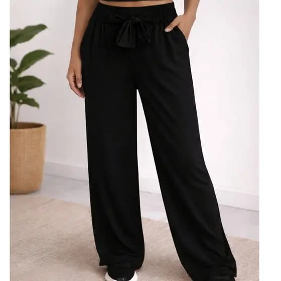 Calça pantalona tecido duna feminina com amarração frontal y cintura alta com elástico
