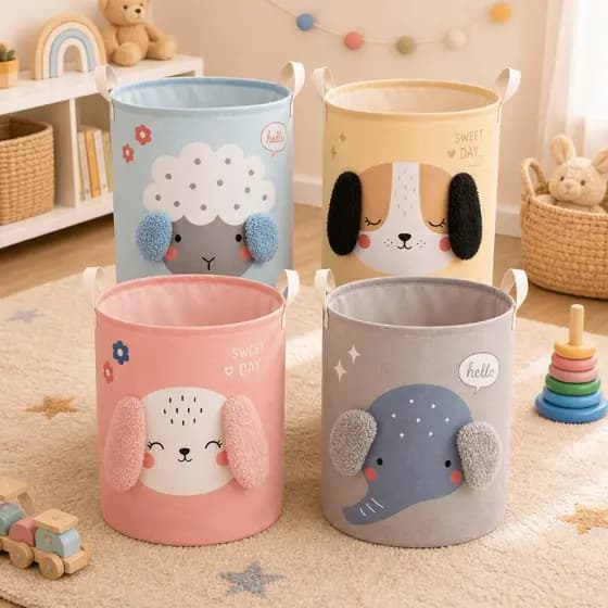 Cesto Multiuso 55L Organizador Dobrável De Roupa Suja e Brinquedo com Alça Menina e Menino Rosa Azul Cinza Bege Animal