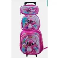 kit Mochila Escolar 3D Alto Relevo com Rodinhas de Gel Reforçadas Menina Stitch