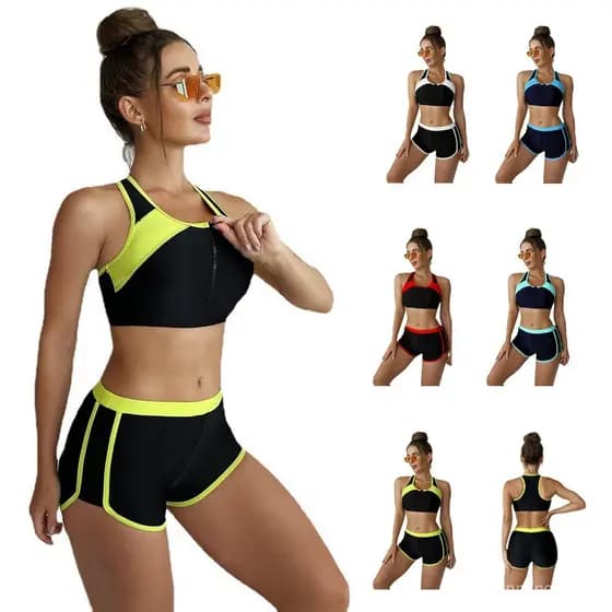 Biquíni esportivo feminino estiloso, de duas peças, com blocos de cor, ajuste justo, roupa de praia, moda praia feminina