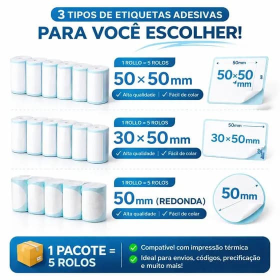 Etiqueta Adesivo Para Mini Impressora Térmica 30*50 /Quatrada50*50 /redondo 50mm