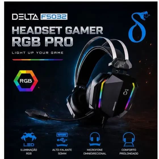 Fone Headset Gamer LED RGB para jogo PC Com Fio Microfone e Ajuste de Volume+Cabo P2 para 2 P2 DELTA