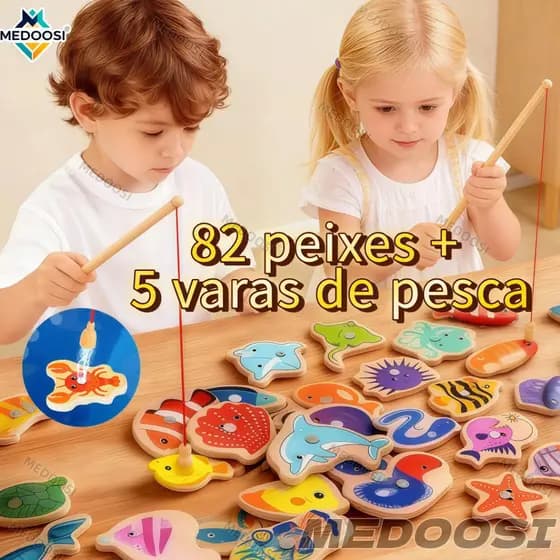 MEDOOSI 82/54 Peças Jogos infantil de Pescaria Magnético / Brinquedos Montessori Educacional de Madeira para Crianças