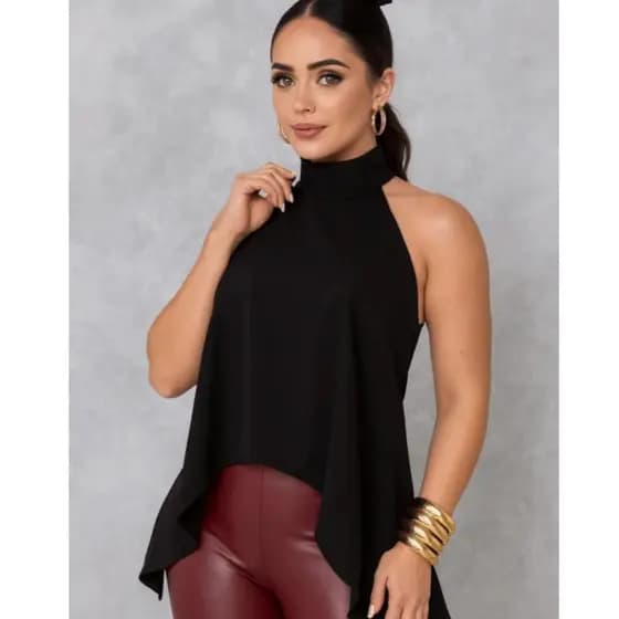 Blusa Feminina Regata Social Gola Alta Assimétrica Sem Manga Elegante