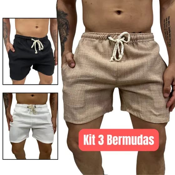 Kit 3 Short Linho Masculino Bermuda Casual bermuda Linho Mauricinho Premium Leve Slim Praia Alta Qualidade