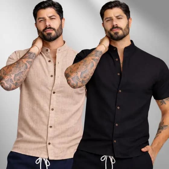 Kit 2 Camiseta Social Manga Curta Masculina Algodão Slim Fit Gola Padre Blusa Linho