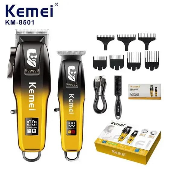 Kit 2 Máquinas de Cortar Cabelo + Acabamento Kemei KM-8501 Original Profissional Dourada - Bivolt
