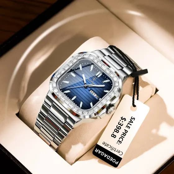 POEDAGAR Relógio Masculino de Luxo com Mostrador Quadrado de Diamante Relógio Masculino de Aço Inoxidável Relógios Masculinos Impermeáveis Luminosos Data Semana Relógios Masculinos Moda Relógio de Quartzo para Homens