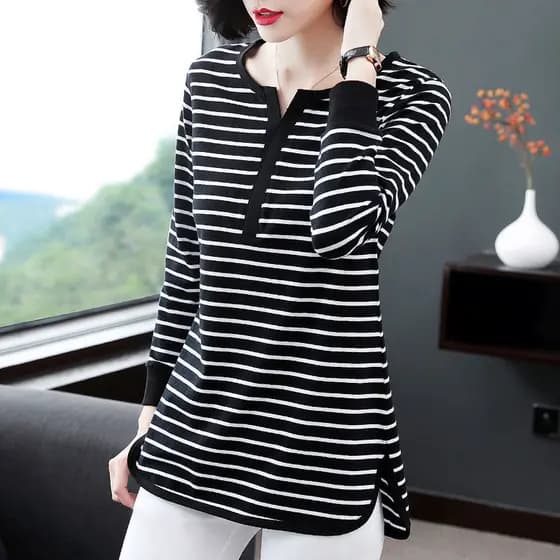 Blusa Feminina Plus Size, Novo Estilo, Listrada, Manga Longa, Solta, Estilo Coreano, Comprimento Médio 0841