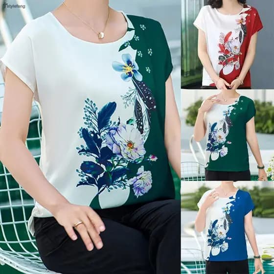 Blusa Feminina Plus Size de Seda Gelada Solta com Decote Redondo e Manga Curta Nova Moda 0841