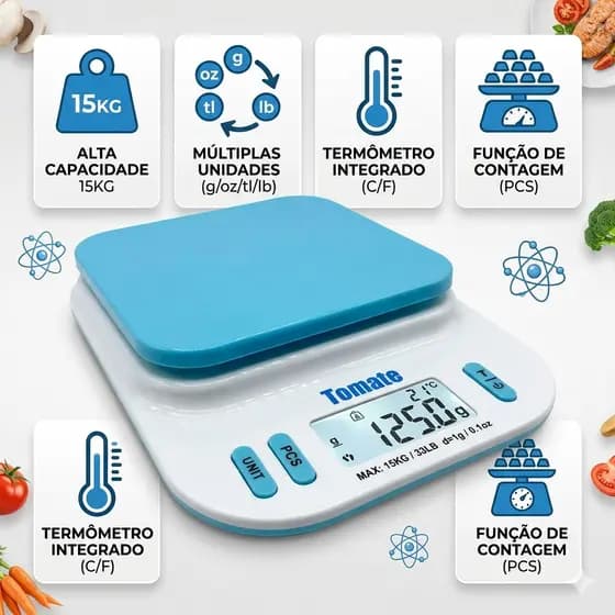 Balança Digital de Cozinha 15Kg SF-440 Alta Precisão LCD Função Tara e Contagem