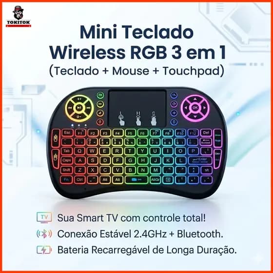 Mini Teclado Wireless RGB com Touchpad 2.4G Recarregável Compatível Smart TV PC Android