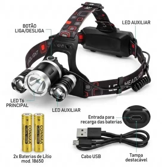 Lanterna Cabeça Profissional 3 Led T6 Cree 2 Bat. Pesca Caça