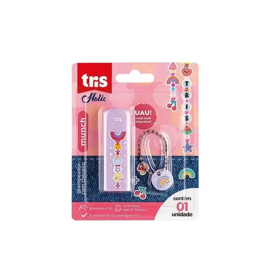 Grampeador Mini Munch Holic Charm - Com Chaveiro - Tris - Nº 10 - 20 Folhas - C/ 100 Grampos