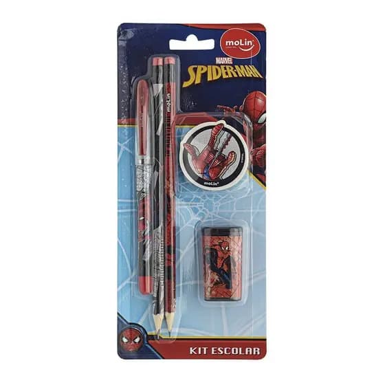Kit Escrita Escolar Avengers/Vingadores ou Spider-Man/Homem-Aranha - Molin - Com 5 Itens