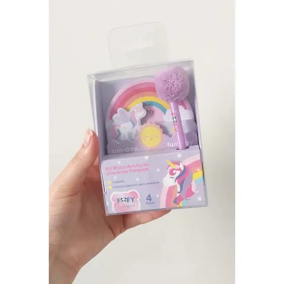 Kit Bloco de Anotação Unicórnio Pompom - 1 Mini-Caneta + 3 Blocos Adesivos