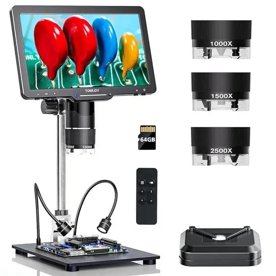 TOMLOV 10.1 " 3 Lentes 2K HDMI Microscópio Digital 2500X , Lupa De Moedas Com Tela IPS , Solda LCD 14 Luzes LED Para PC/