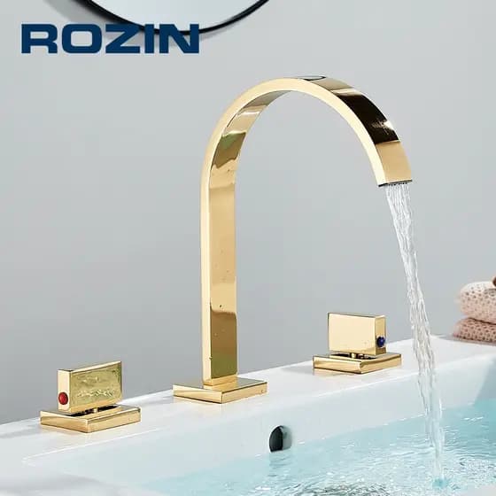 Torneira Para Lavatório Banheiro Com Alça Dupla,Bancada Quente E Frio Misturador,Dourado/Cromado