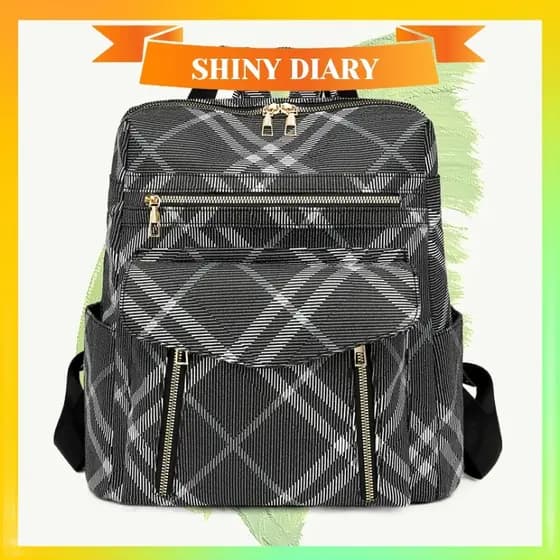 Shiny Diary Mochila Feminina Preto Listrado Multifuncional Mochila Escolar