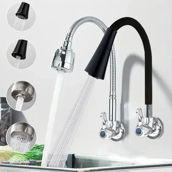Torneira Gourmet Flexível com chuveiro com rotação duplo Cabeça de guarda-chuva Jato Cone 1/4 de Volta