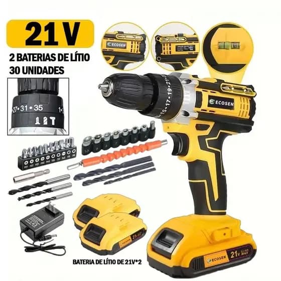 Furadeira Parafusadeira bateria 21V com maleta e acessórios/3 Funções